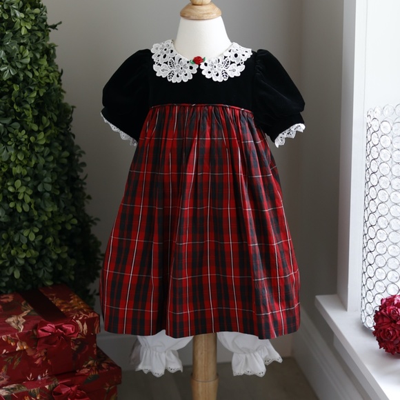Silk Plaid and Velvet Dress & Pantaloon Crocheted Lace 24 Month Special Occasion